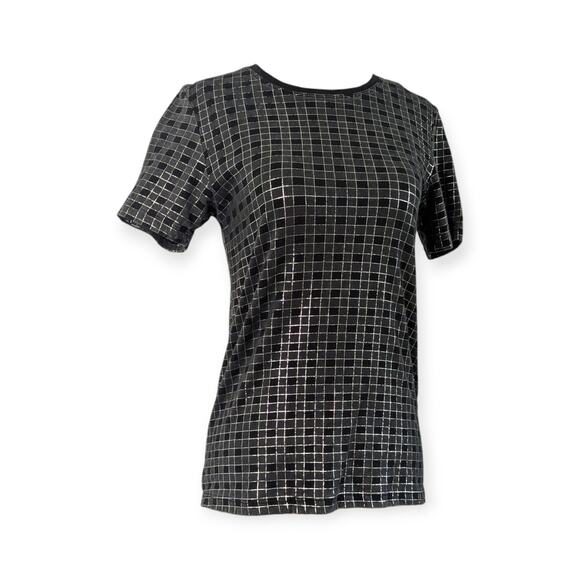 Theory Rodiona Short Sleeve Shirt Top Size S Slub Tee Black Silver Checkered - Picture 1 of 8